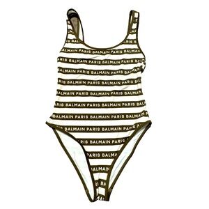 BALMAIN***Khaki Green/White Striped Logo One-Piece Swimsuit***F36; US 4 $580